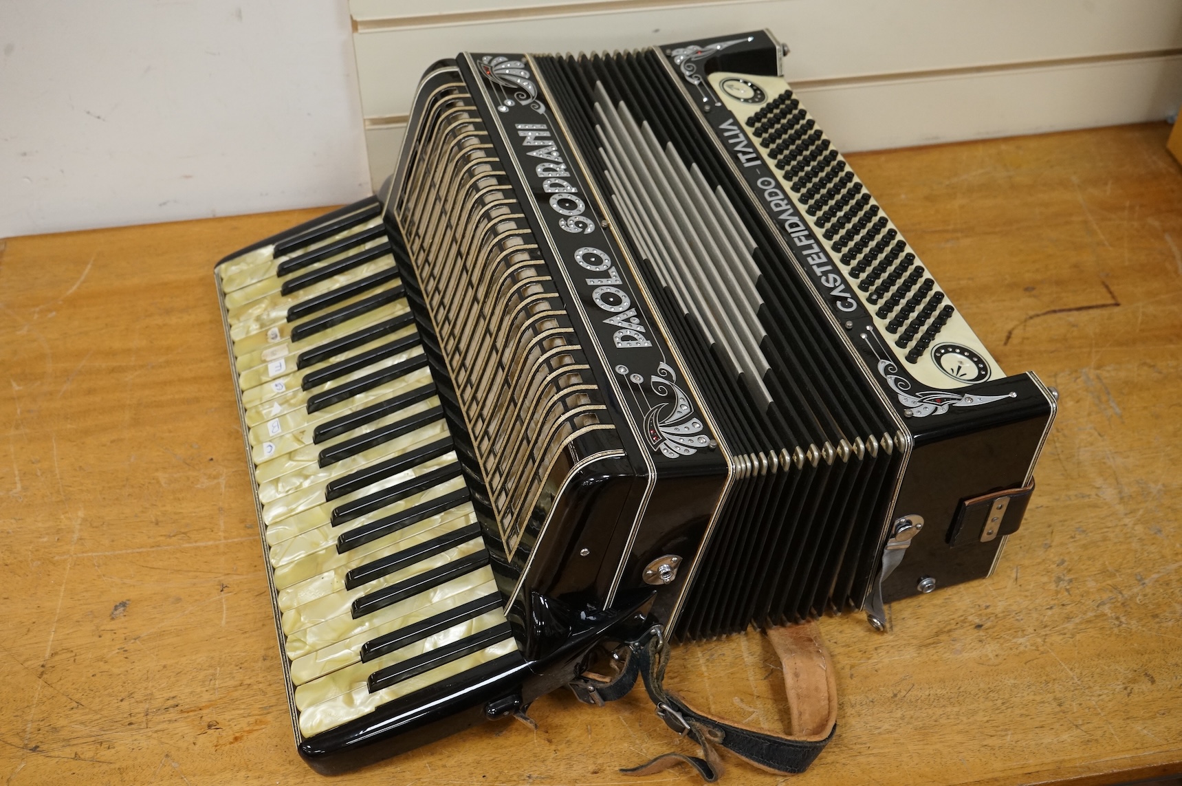 A cased Paolo Soprani Castelfidardo Italia piano accordion.
